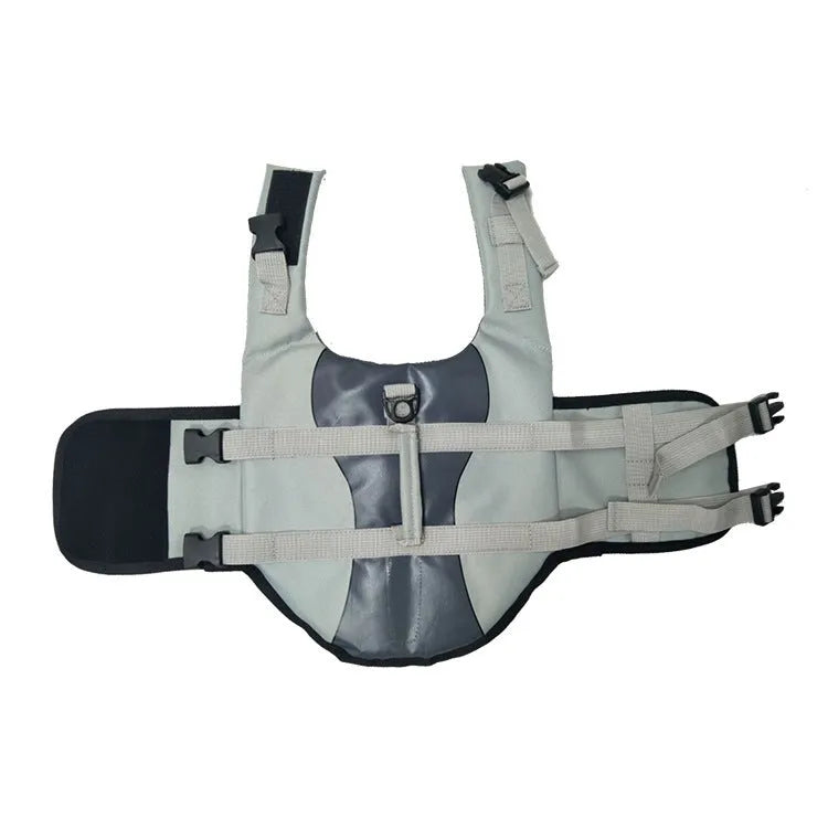 Pet life jacket vest for dogs in polyester, available in Rose Red and Silver Grey sizes XS to L