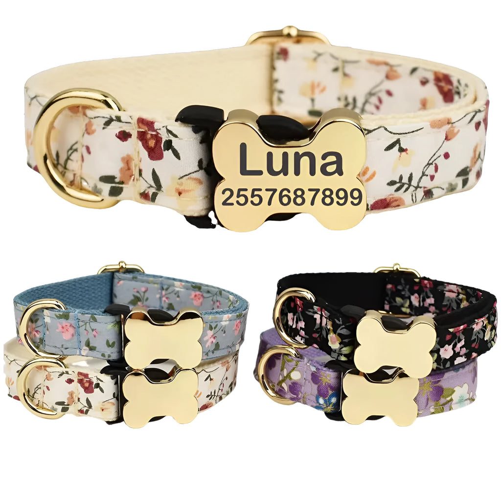 Flat nylon dog collar with printed grid pattern and bone-shaped buckle in multiple colour options.