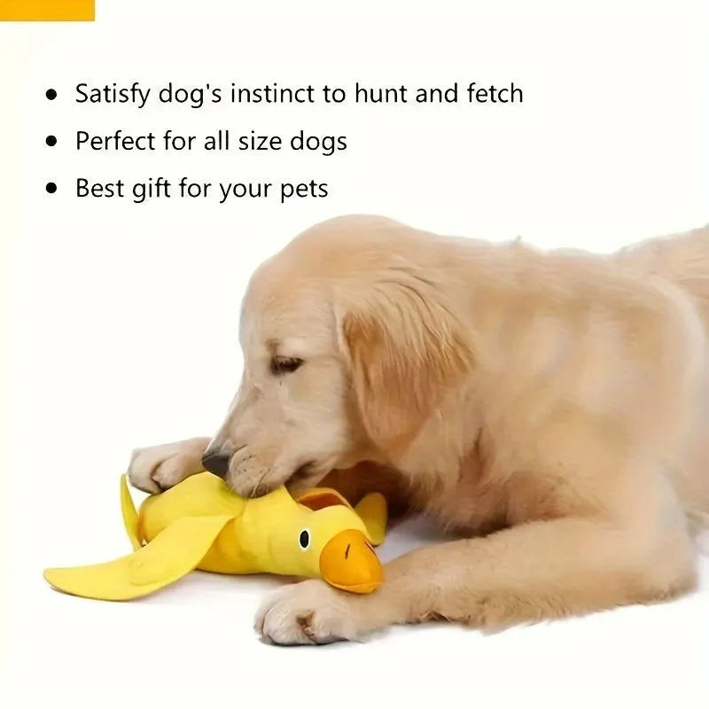 Yellow teddy dog toy with duck sound mechanism and food leak holes for treat dispensing