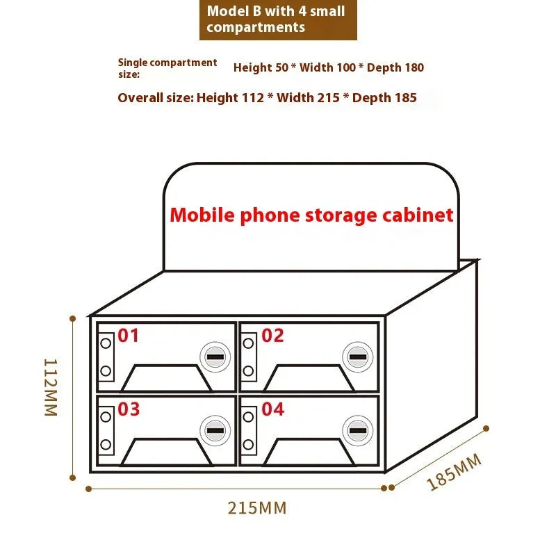 Clear acrylic mobile phone storage cabinet with charging holes, multiple compartments for office desk organisation