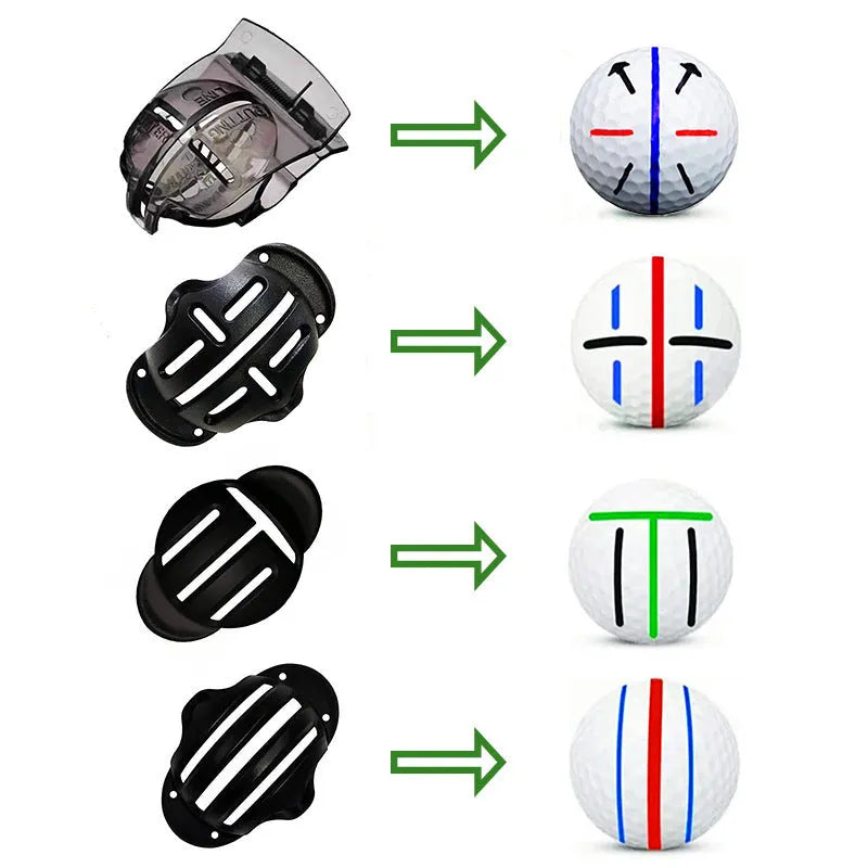 Golf scriber putter alignment tool set with plastic scribers and drawing pens on a practice green.