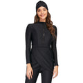 Black conservative Muslim swimsuit for ladies with full coverage, shown with optional briefs and bikini styles.