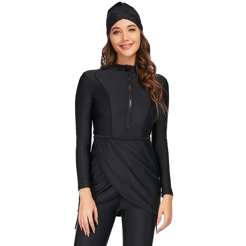 Black conservative Muslim swimsuit for ladies with full coverage, shown with optional briefs and bikini styles.