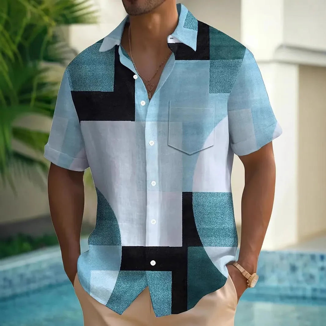 Man wearing a loose-fit short sleeve cardigan with a striped retro geometric pattern in contrasting colours.