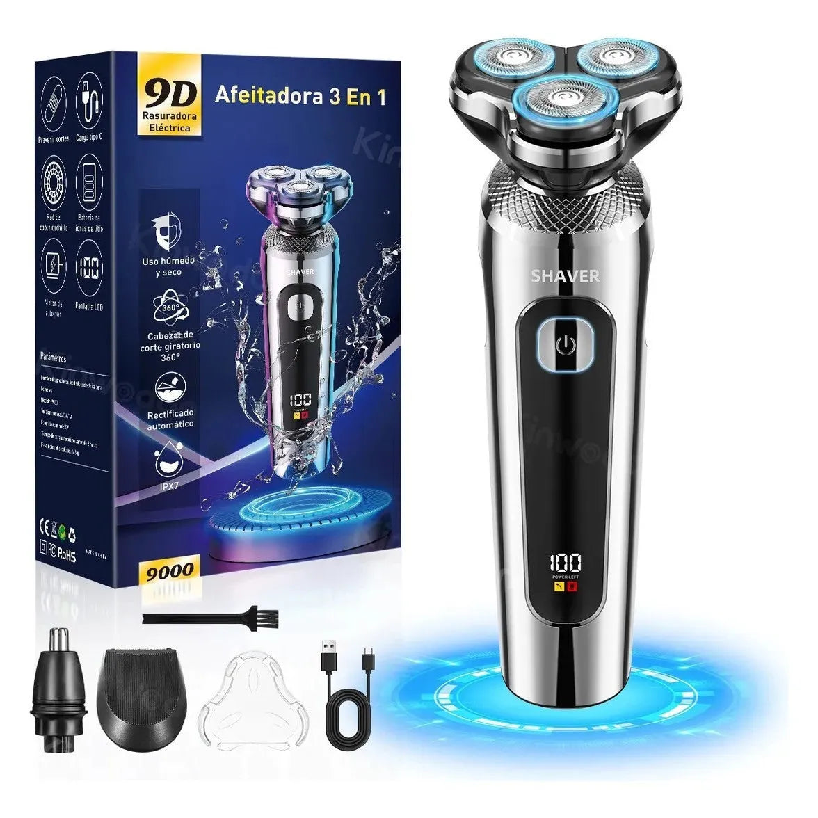 Digital display USB rechargeable beard trimmer with floating cutter head and five-in-one base bracket