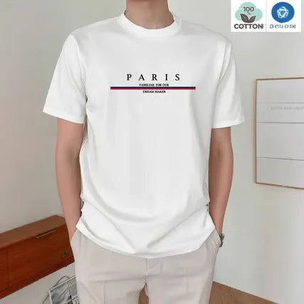 Men's casual white cotton t-shirt with black letter print, loose fit, short sleeves.