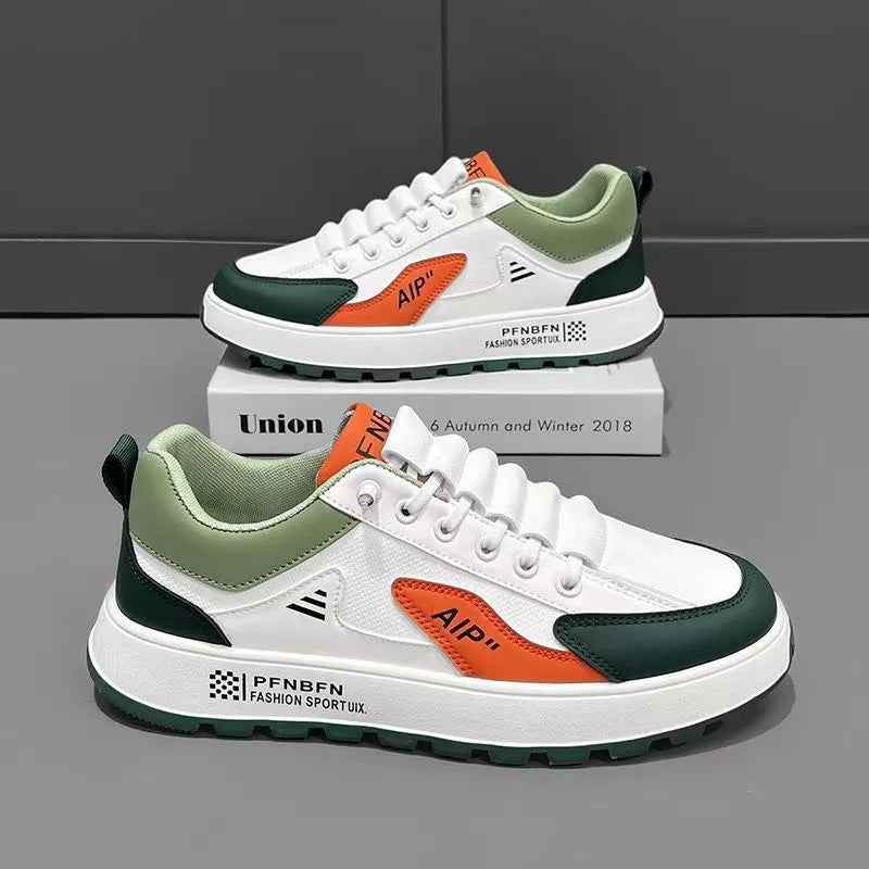 Men's white and orange round toe casual shoes made from artificial PU material