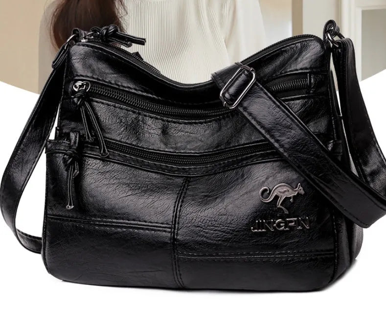 Soft PU leather textured crossbody shoulder bag 25x17x9cm black horizontal square daily bag
