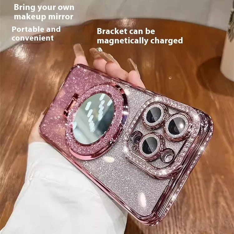 Glitter gradient iPhone case with built-in stand bracket in pink, blue, purple, silver, gold, and black colour options.