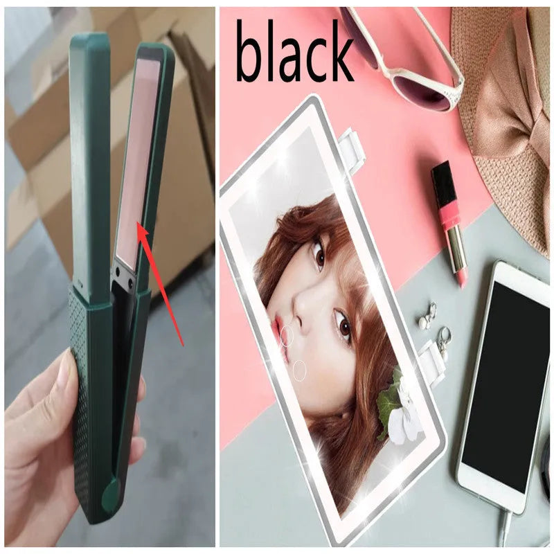 Pink and green mini cordless USB hair straightener and curler with ceramic plates.