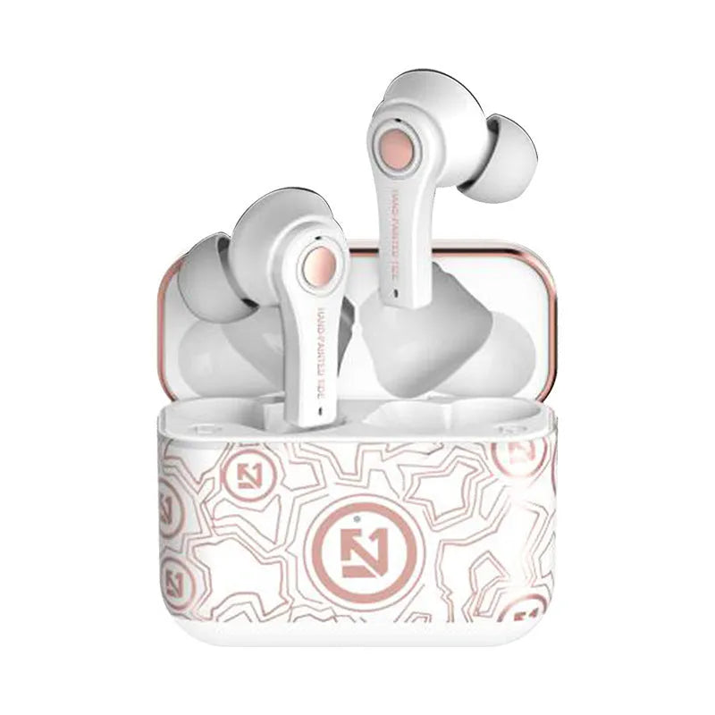 Black and white wireless Bluetooth headset with over-ear design.