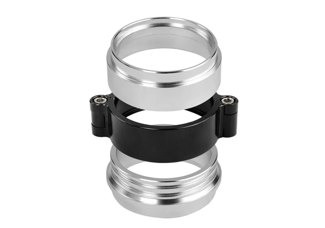 Aluminium fixed movement clamp for car exhaust modification in black, blue, or red.
