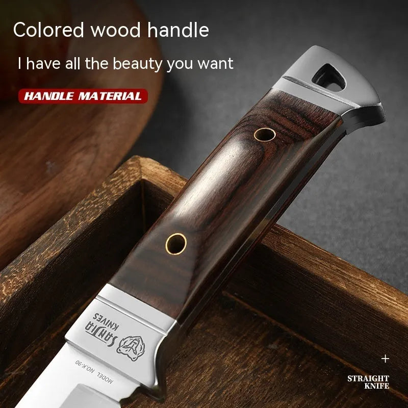 Camping fruit knife with stainless steel blade in leather protective case
