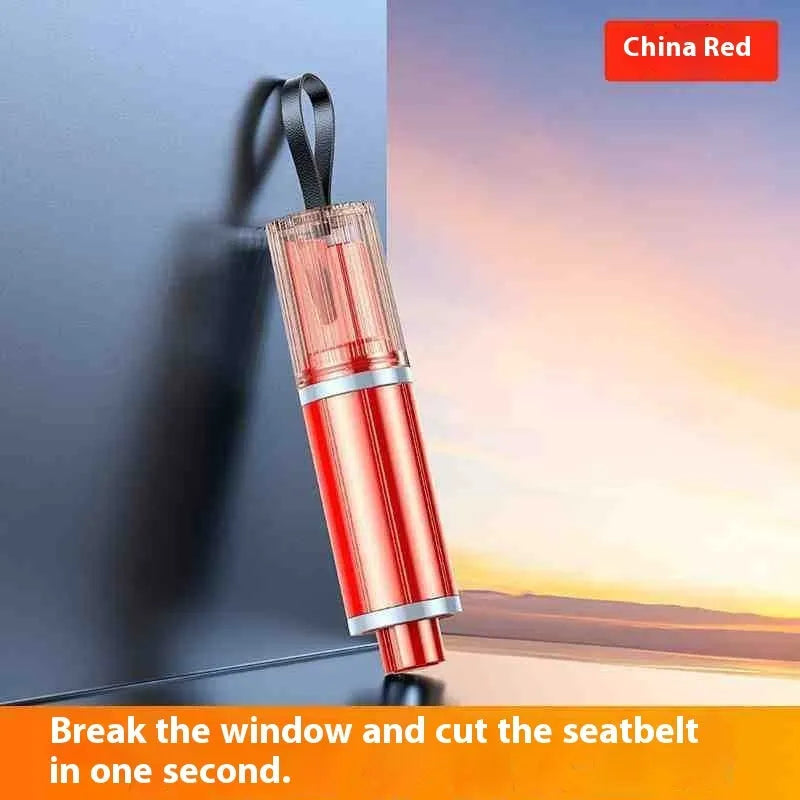 Car safety life hammer emergency tool with spring-loaded window breaker in black and red colours