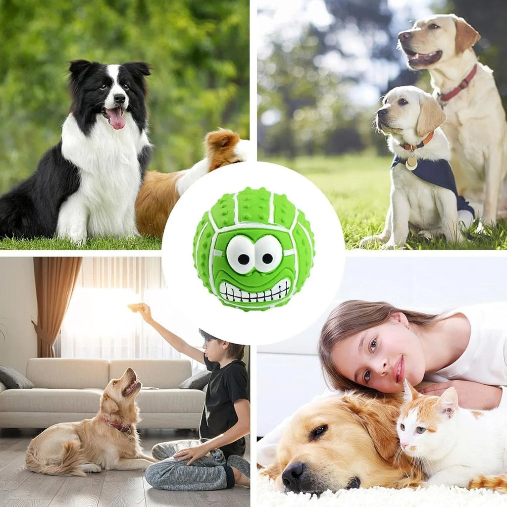 Green latex dog ball with smile face and squeaker for small dogs