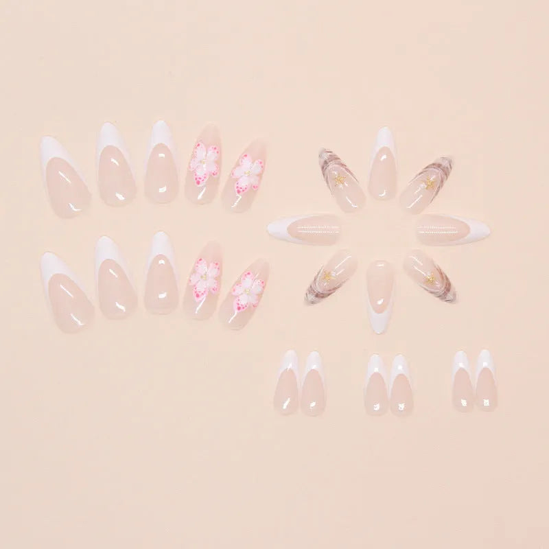 French style fake nails with rock pattern and simple flower design in colour W1764