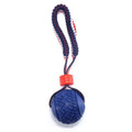 Blue and red natural rubber dog ball with rope handle toy for medium and small dogs