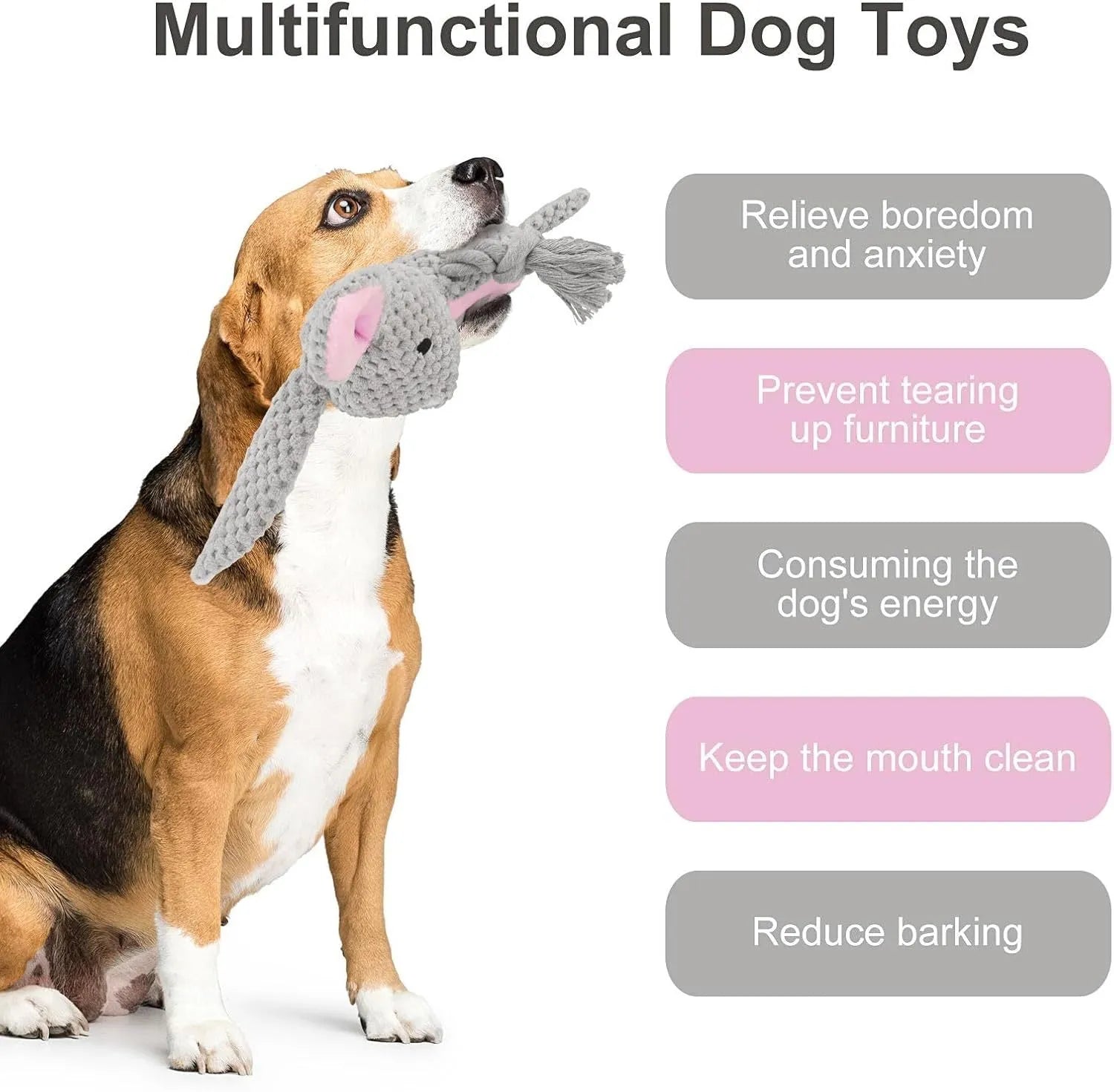 Plush dog toy with a cotton rope tail, shown in Elephant, Fox, Monkey, Pig, and Rabbit designs.