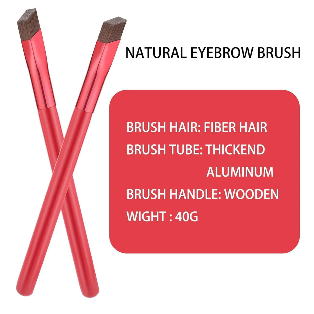 Square angled eyebrow stamp brush with synthetic fibre bristles and an ergonomic brown handle on a white background.