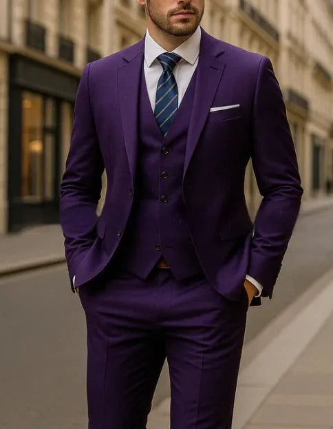 Men's three-piece business suit set in dark gray, including jacket, vest, and trousers, polyester fabric, size M.