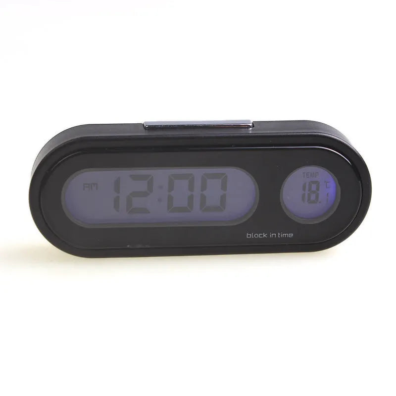 Black car digital clock and thermometer with LED display on adjustable bracket.