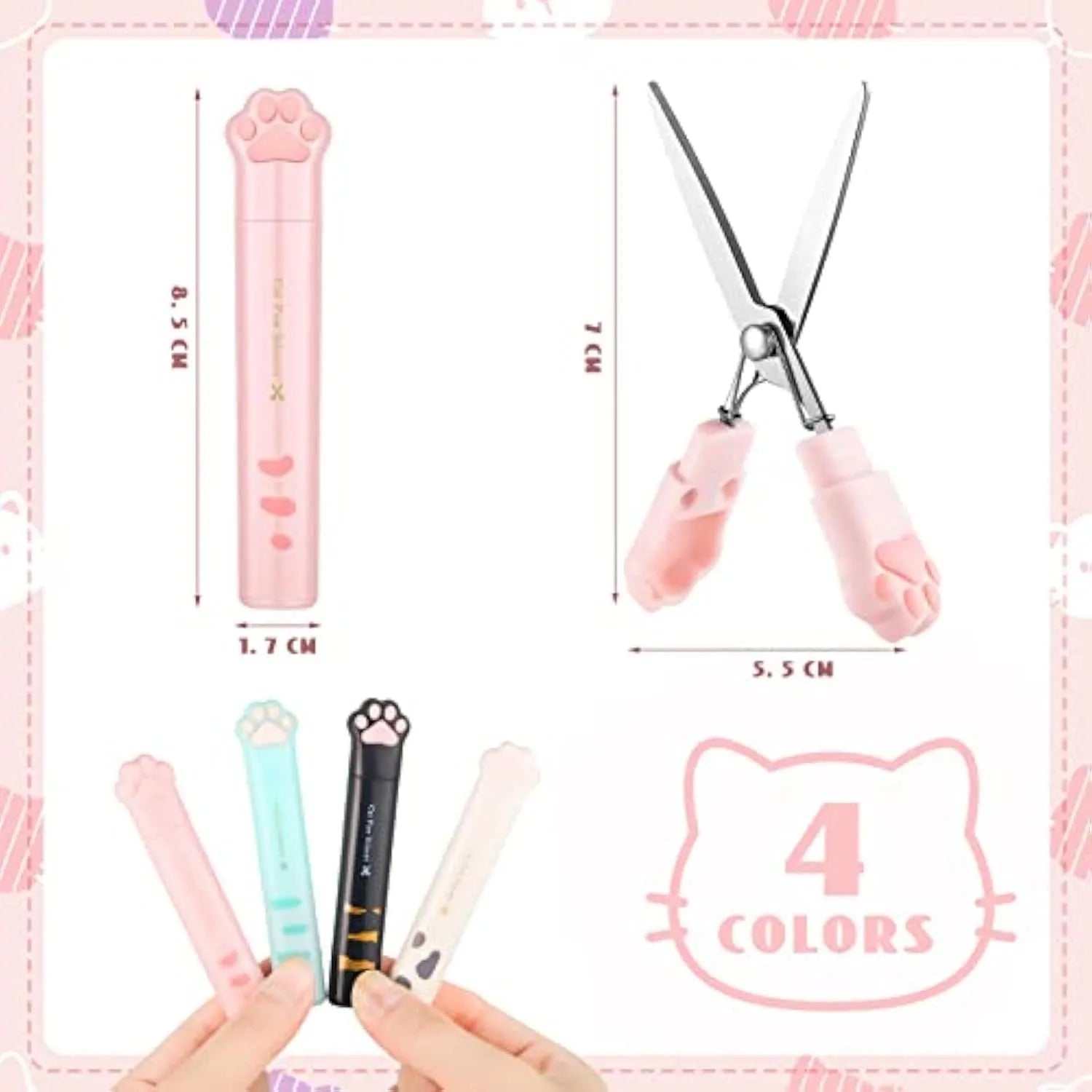Cat paw mini folding scissors in pink, white, black and blue colours showing compact 8.7 cm size