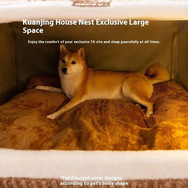 Brown bear-shaped enclosed dog kennel pet bed with removable cover on a wooden floor.
