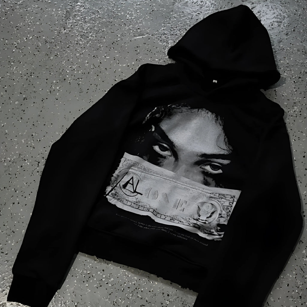 Black women's loose fit hooded sweater with dark printed cartoon pattern design