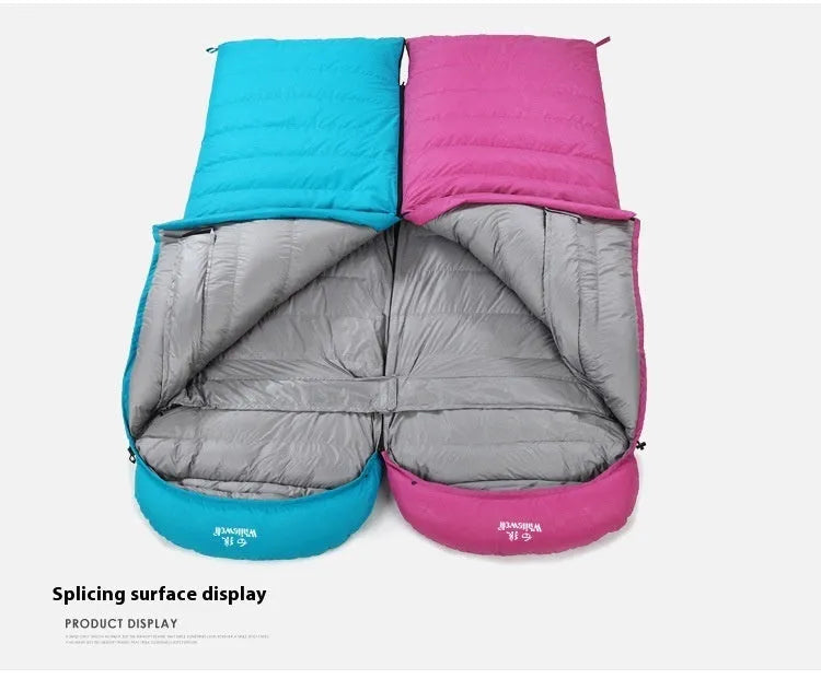 Black outdoor sleeping bag with envelope structure and white goose down filling.