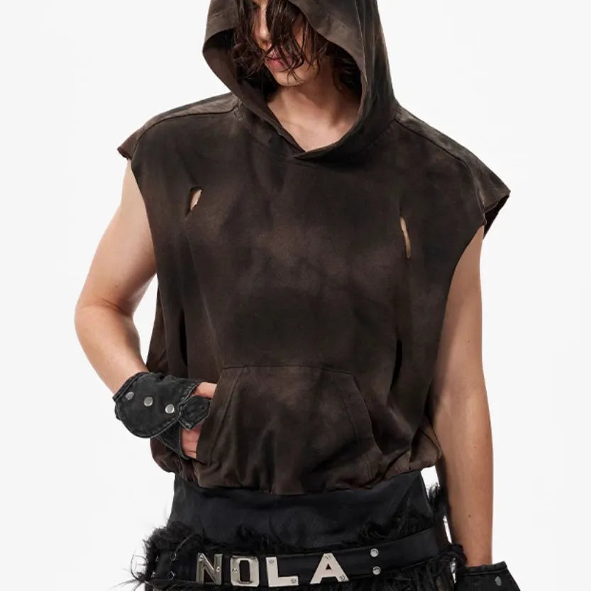 Khaki coloured cotton short sleeve hooded vest on hanger