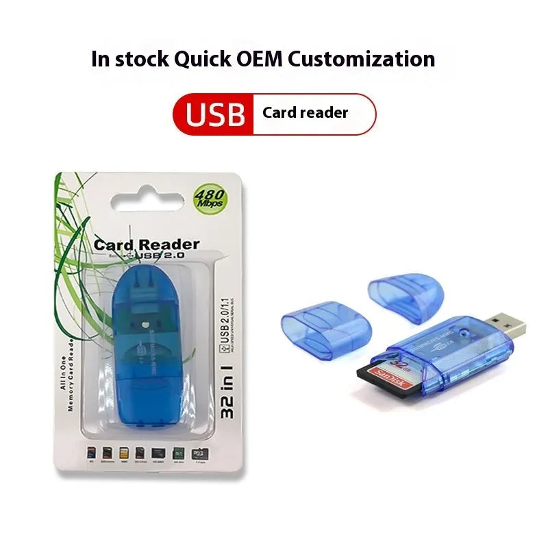 Transparent USB card reader with LED light and SD card slots on a desk.