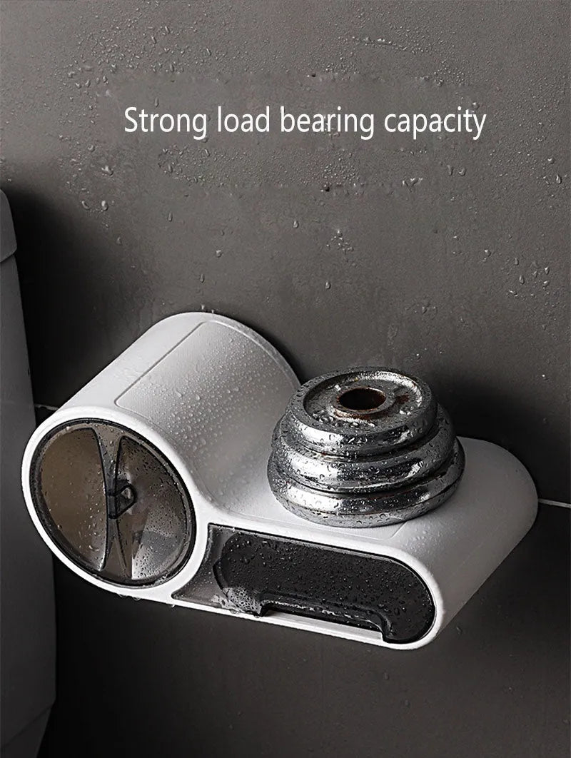 White plastic bathroom toilet roll holder with a streamline curve design on a wall