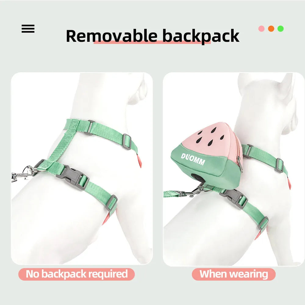 Fruit-themed pet backpack and matching anti-slip chest harness set for dogs and cats