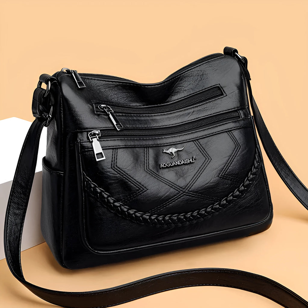 Soft black PU leather women's crossbody shoulder bag with large square shape