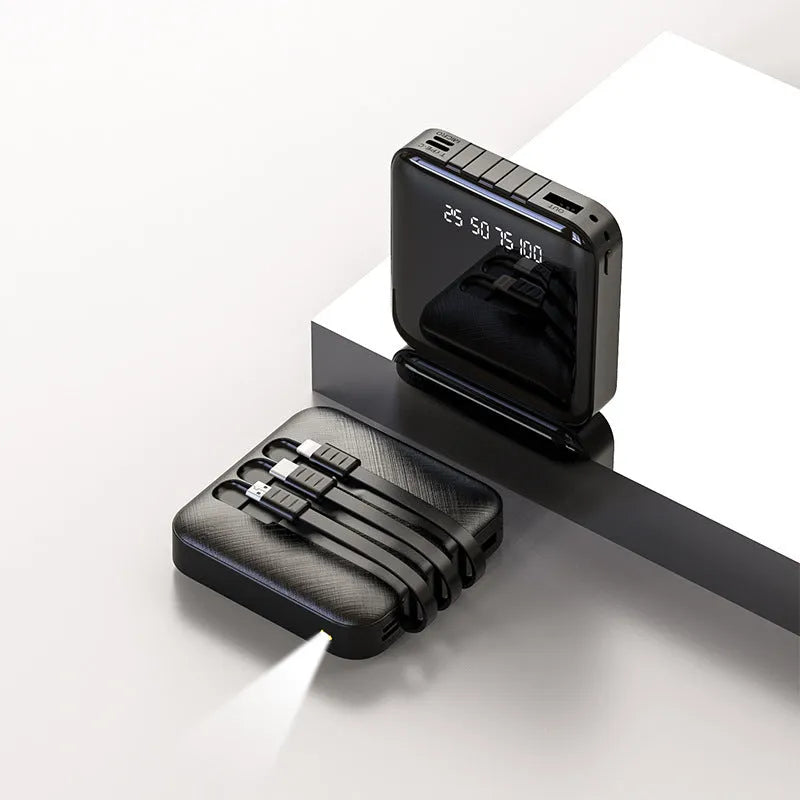 Mirror three-wire power bank in black or red plastic case showing dimensions