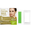 Pack of gentle facial hair removal wax paper strips and wet wipes with natural ingredients.
