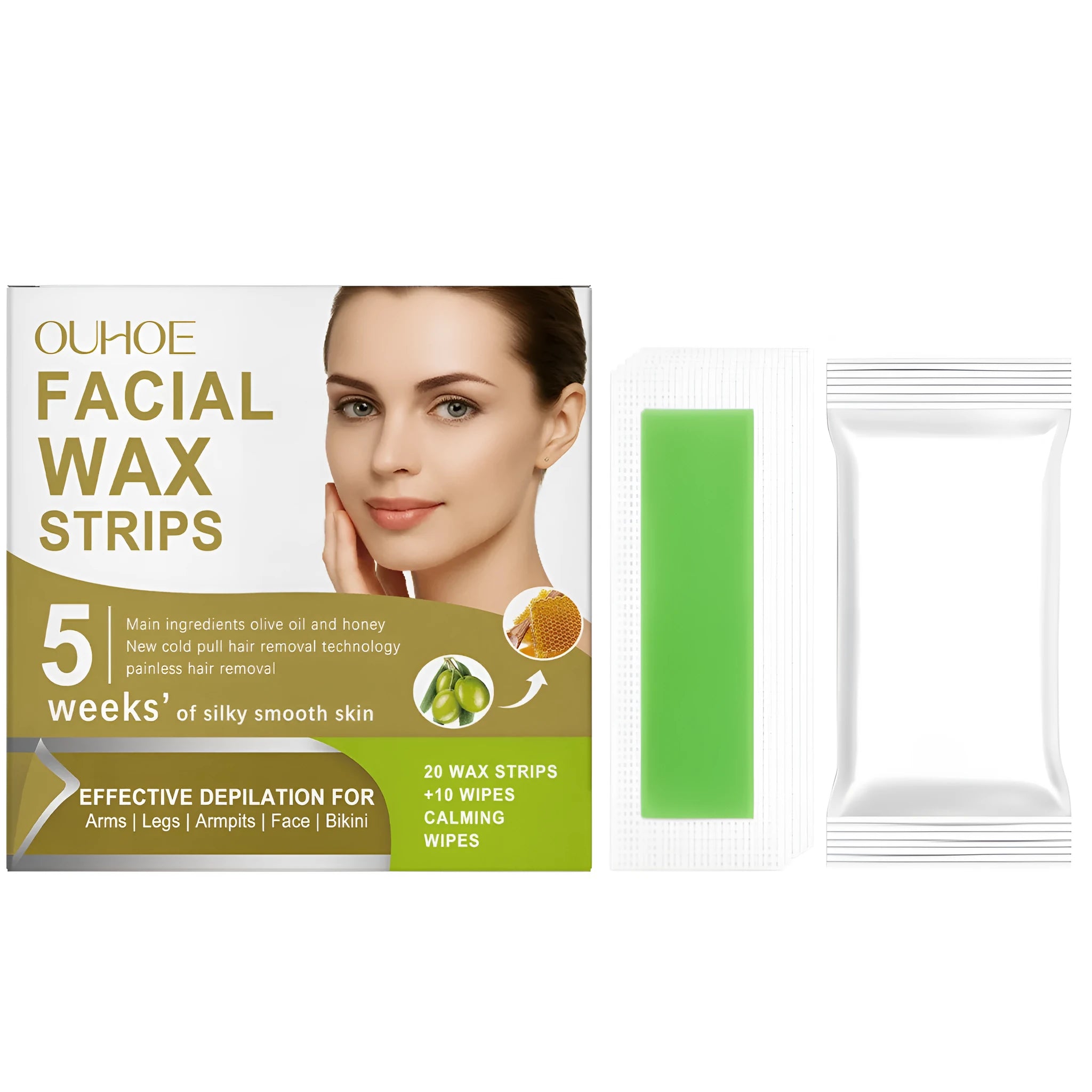 Pack of gentle facial hair removal wax paper strips and wet wipes with natural ingredients.
