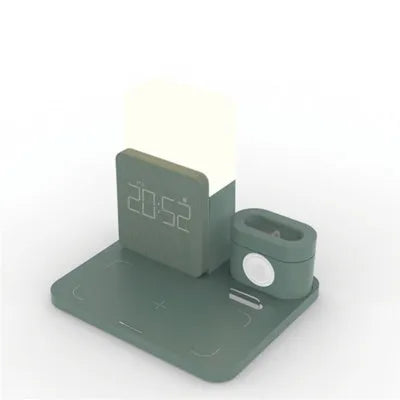 Three-in-one Qi wireless charger stand in dark green colour charging smartphone, earbuds and smartwatch