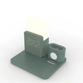 Three-in-one Qi wireless charger stand in dark green colour charging smartphone, earbuds and smartwatch