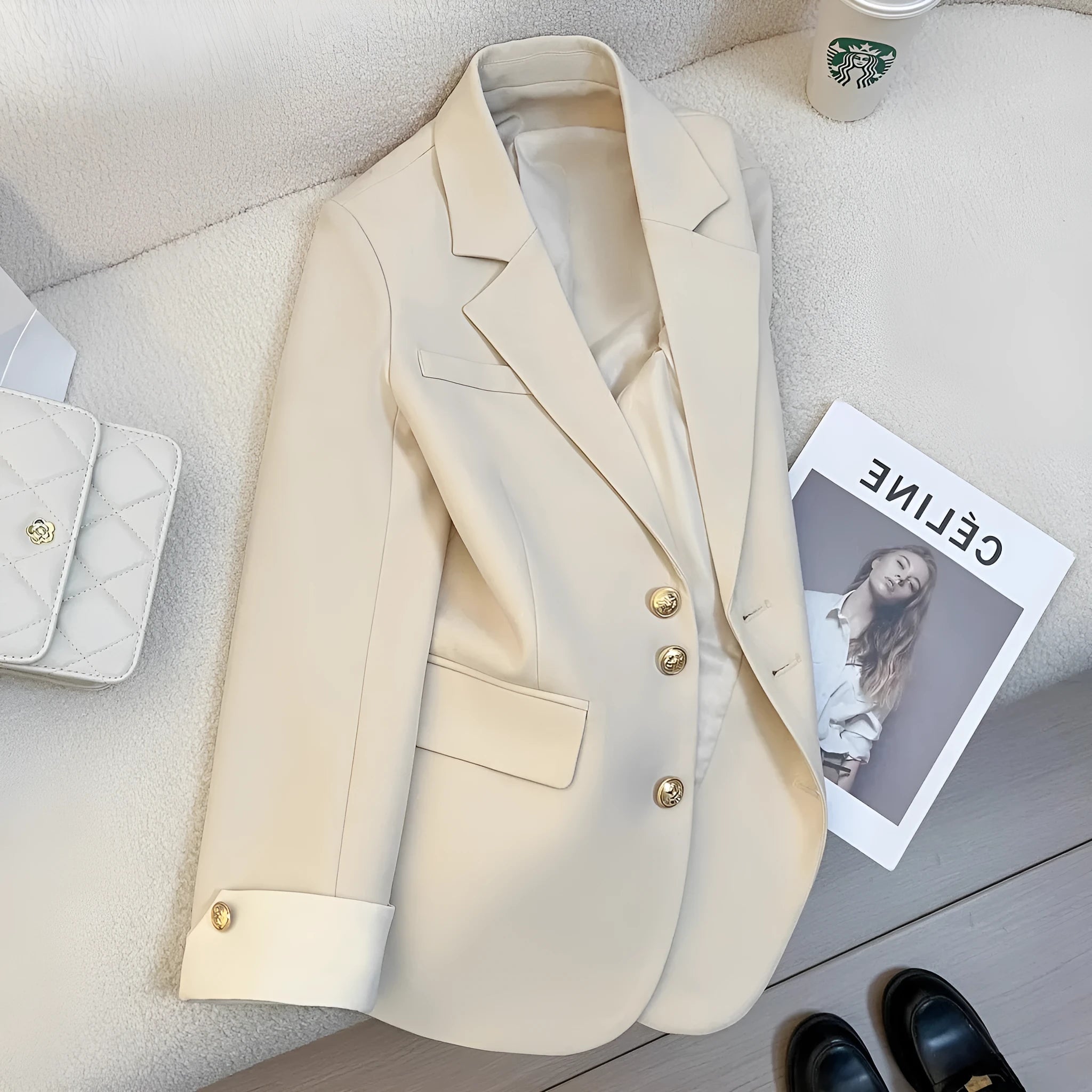Korean style loose fit women's coat in milky white, shown with long sleeves and pockets.