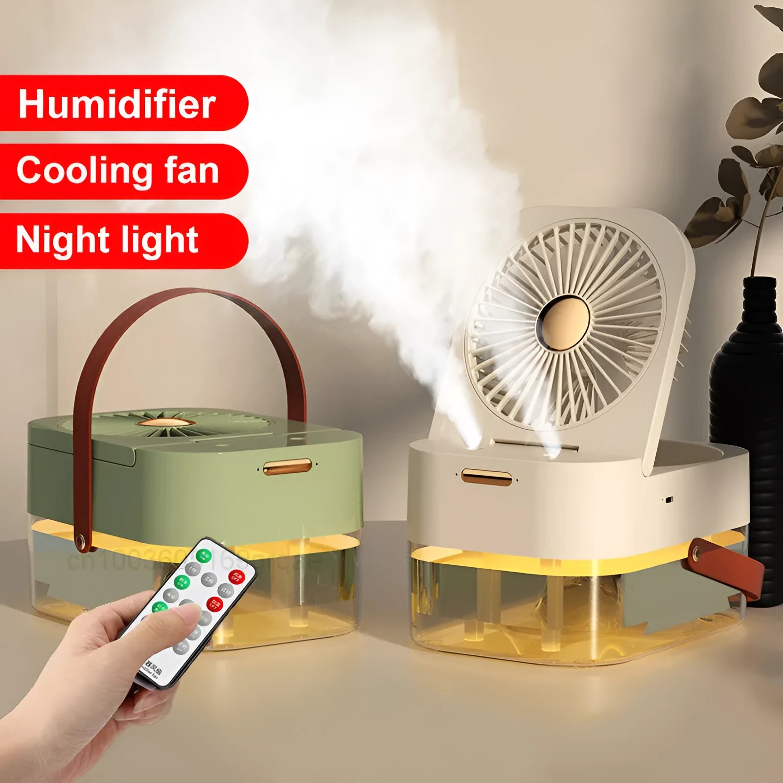 Pearl white portable USB desk fan with humidifier mist and soft night light on a wooden desk.