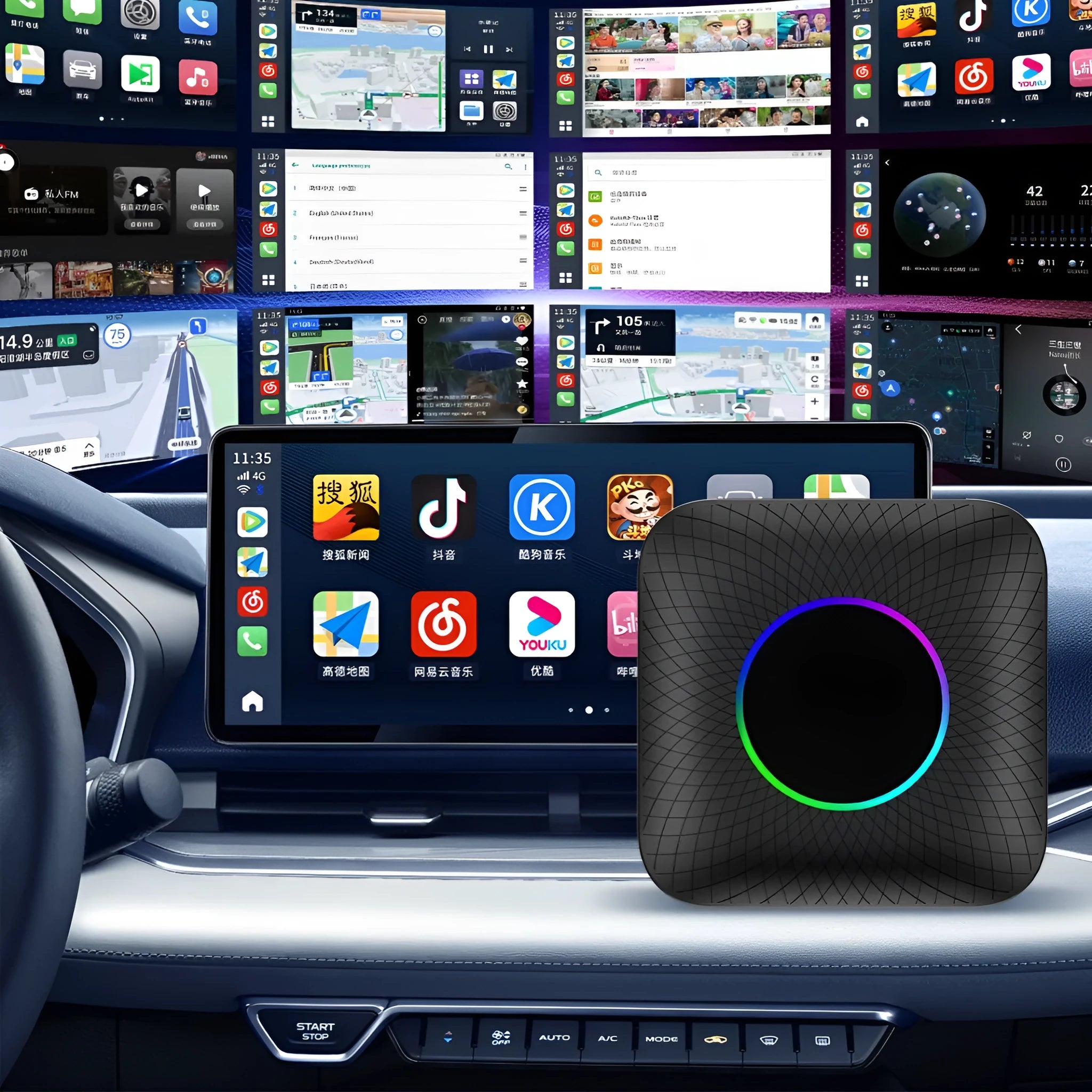 Compact universal CarPlay to Android 13 adapter box with 8GB RAM and 128GB storage