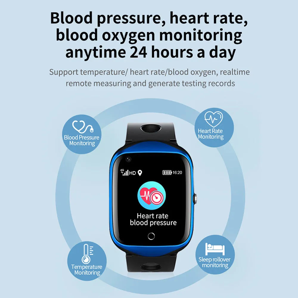 Black intelligent positioning phone watch for the elderly with a square 1.3-inch screen and silicone strap.