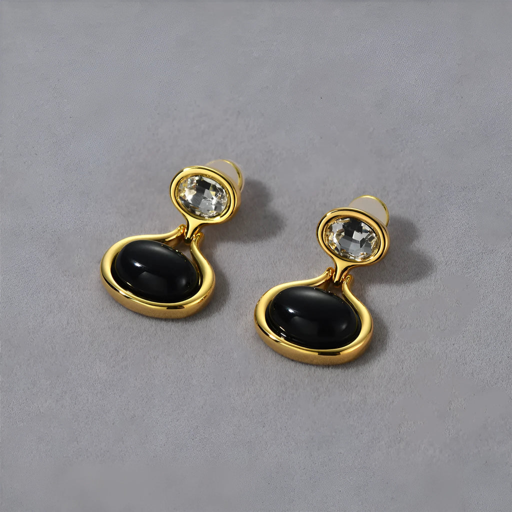 18k gold-plated brass earrings with black onyx and diamond accents, geometric shape, 28mm by 18.5mm, gold colour