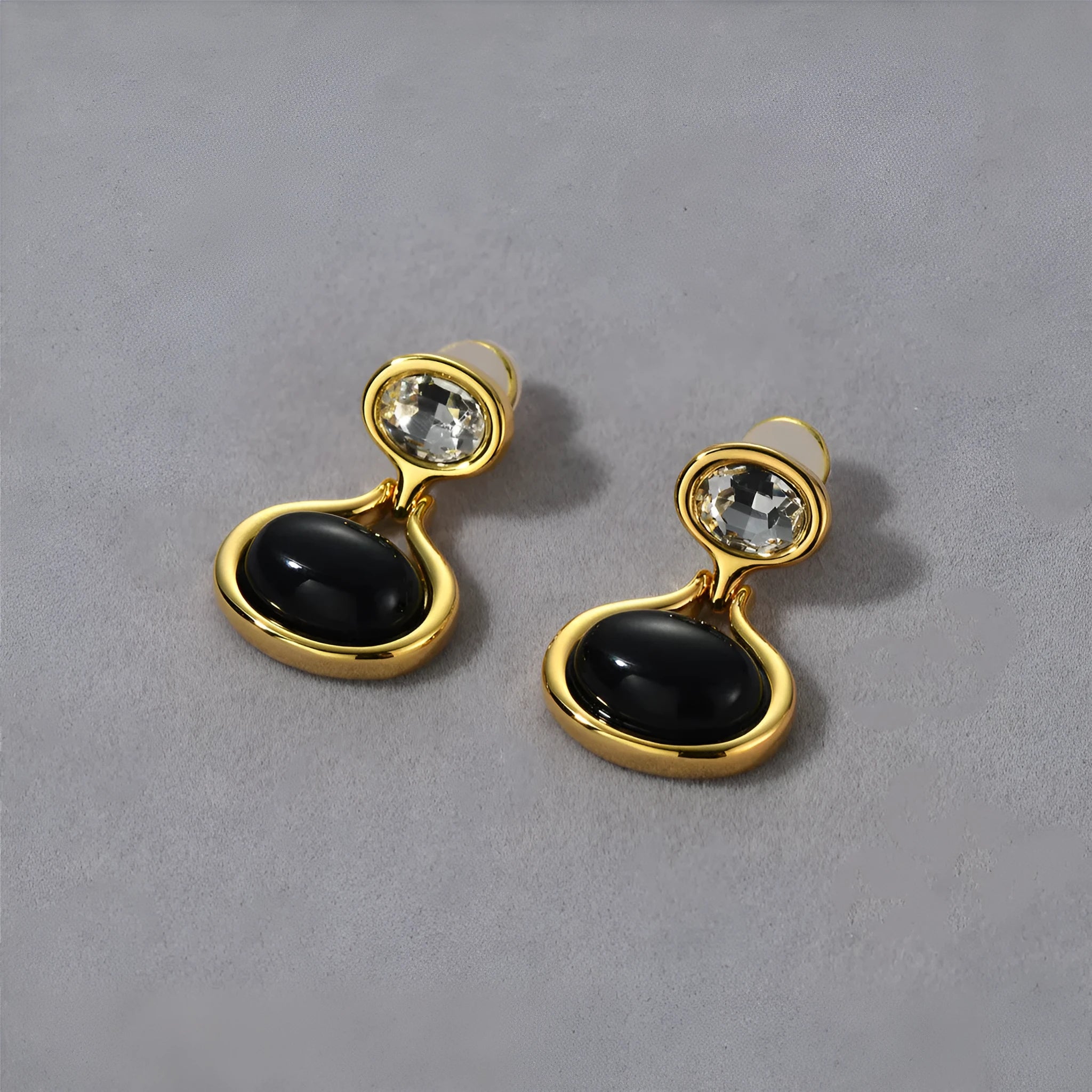 18k gold-plated brass earrings with black onyx and diamond accents, geometric shape, 28mm by 18.5mm, gold colour