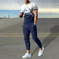 Man wearing a short sleeve round neck pullover and matching trousers from the polyester sports set.