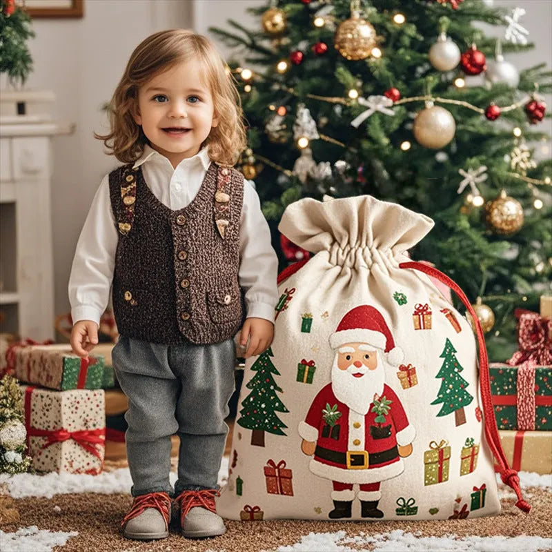 Extra-large Christmas gift bag in red canvas with Santa Claus string closure, 48cm by 65cm