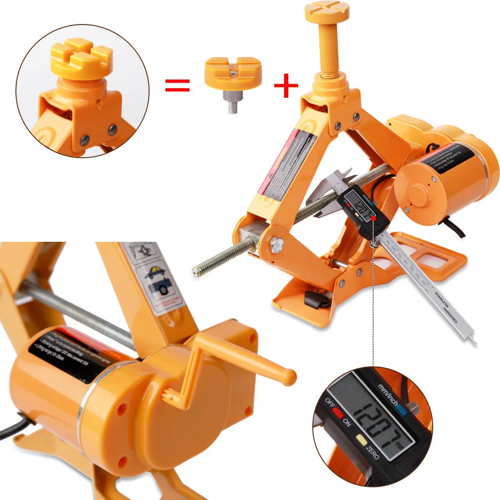 Yellow steel car electric jack set with an integrated electric wrench on a grey background
