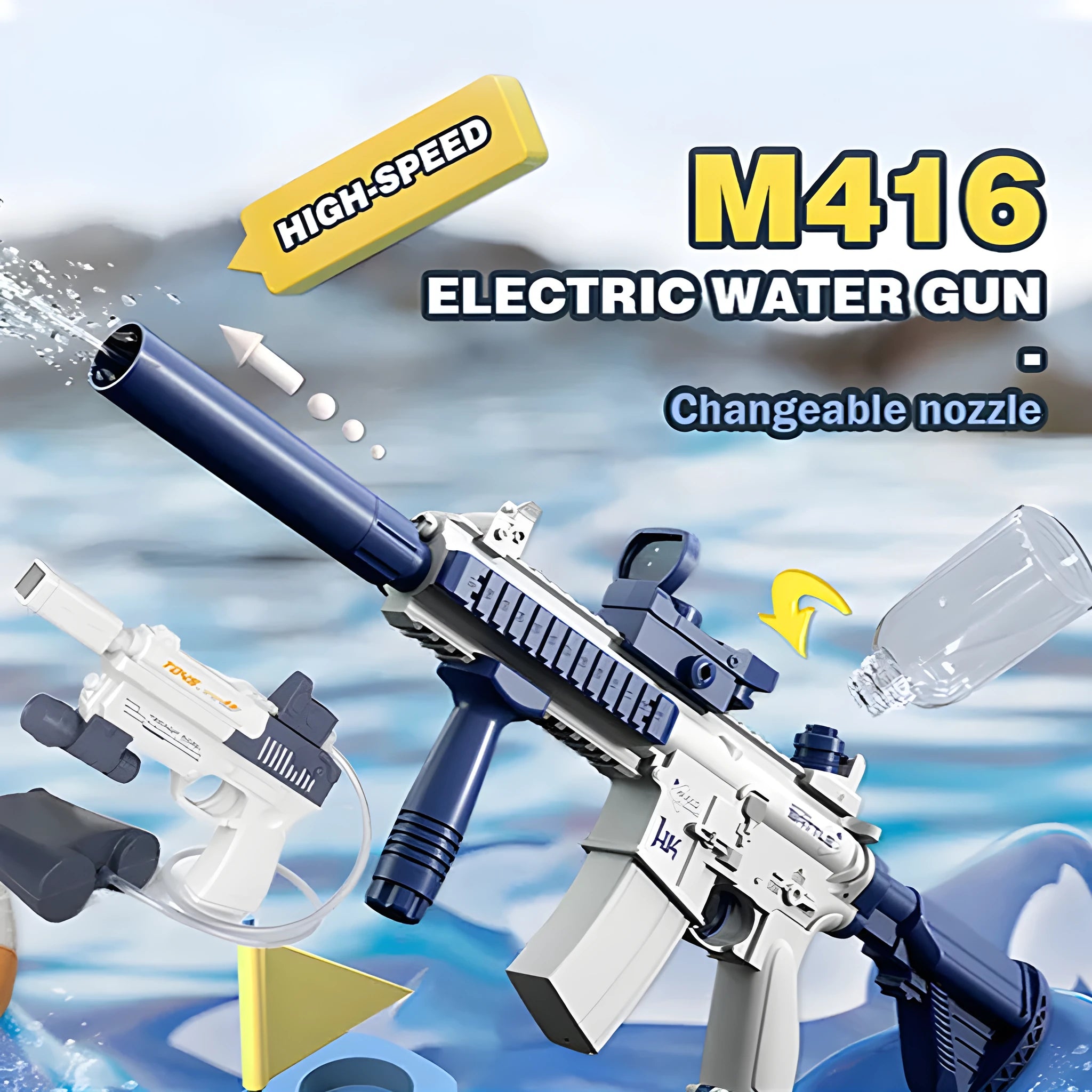 Blue rechargeable electric water gun with USB charging port and automatic firing mechanism