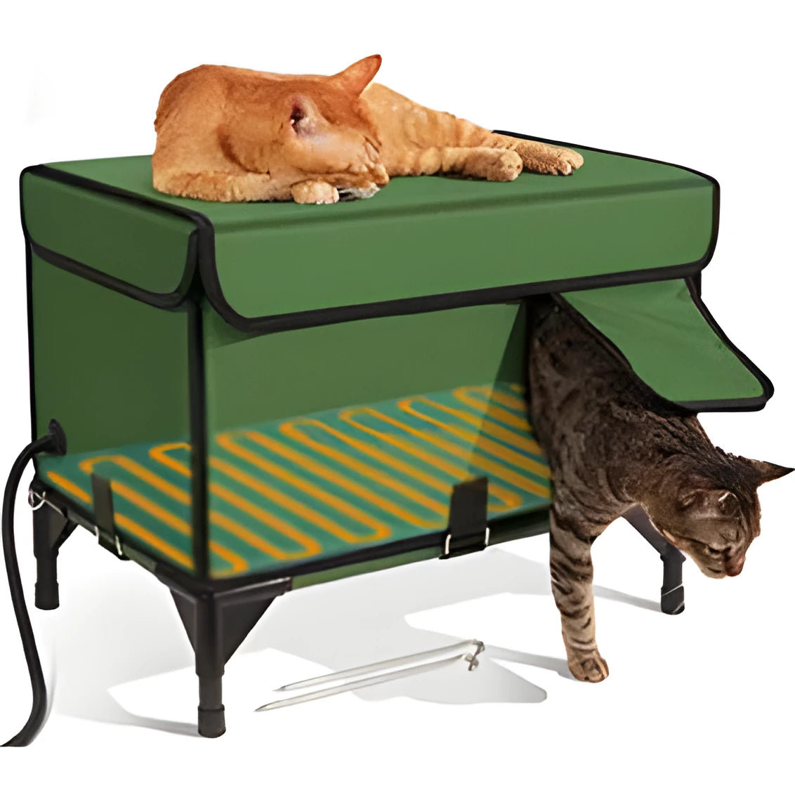 Green foldable cloth cat cage showing insulated outdoor shelter design with pet bed functionality